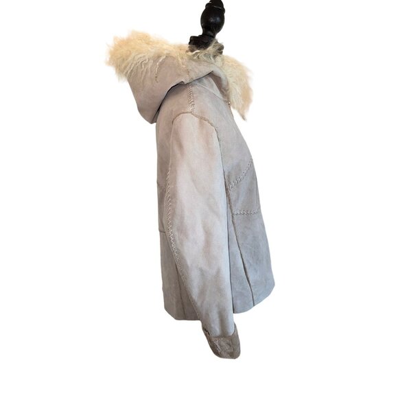 Vintage Winlet Ivory Braided Leather Suede Mongolian Fur Hooded Jacket Coat Sz L - Picture 6 of 16